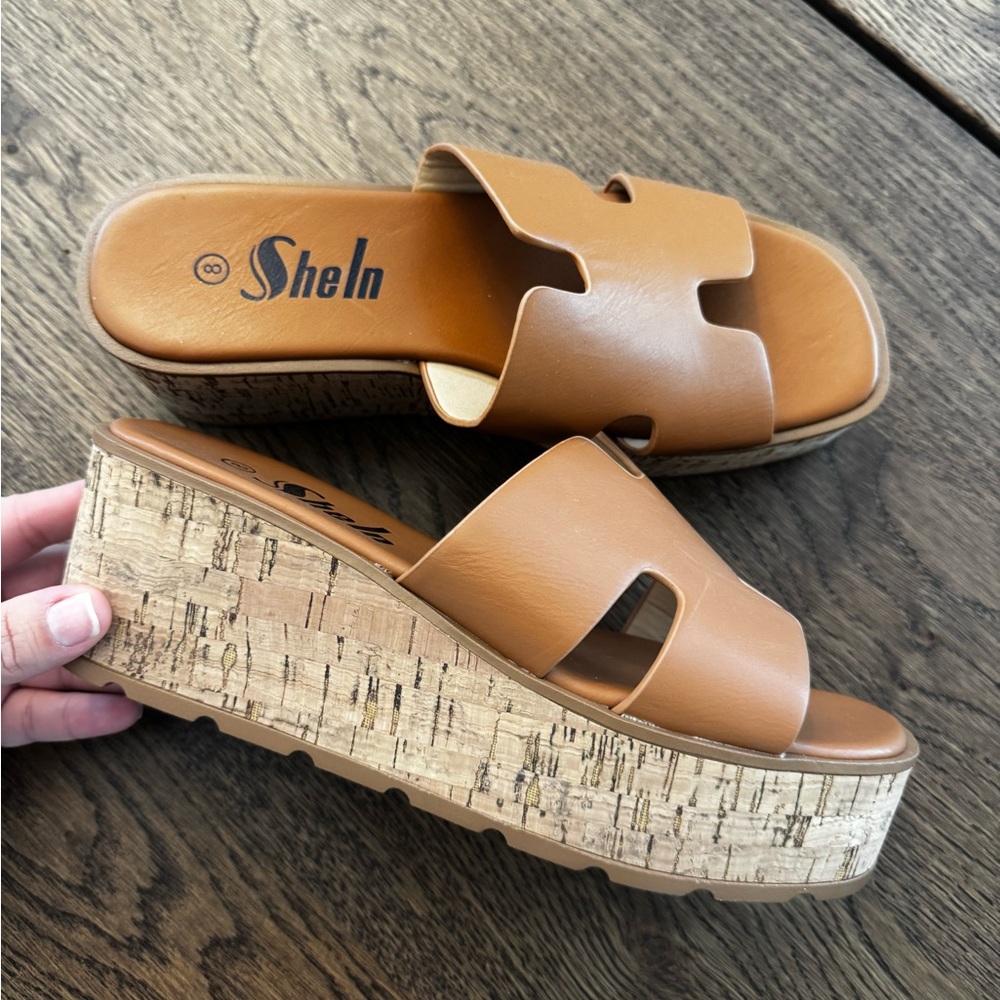 SHEIN Brown Cork Platform Slides